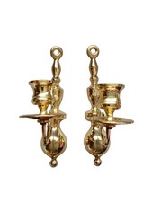 Vintage Pair 2 Brass Colonial Style Single Candlestick Holder Wall Sconces  picture