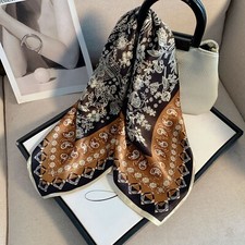 100% Silk Scarf Women Vintage Black Brown Kerchief Square Bandana Wrap 68*68cm picture