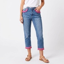 TopShop Moto Womens NWOT Blue Denim Pink Pom-Pom Straight Leg Crop Jeans Size 30 picture