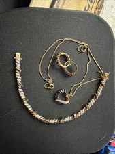 Vtg Sterling S Gold Blue Sapphire Necklace Hoop Earrings Bracelet Set picture
