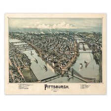 Pittsburgh Pennsylvania 1902 Birdseye View Map Historic City River Bridge Print picture