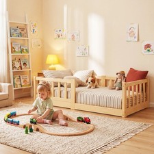 SUNYRISY Toddler Bed with Slatted Base & Safety Guardrail Montessori Floor Bed picture