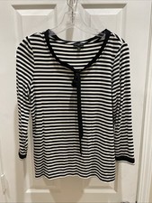 TALBOTS Womens Size MP 3/4 Sleeve Gorgeous Black White Tie Neck Pull Over  Top picture