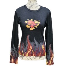 FANG Vtg Y2K Flame Heart Graphic Tee Womens L Black LS 90s Goth Cyber Grunge picture