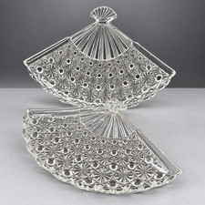 Vintage Daisy Button Pressed Glass Fan Shaped Relish Candy Dish Tray Set of 2 picture