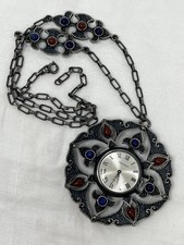 Vintage Corocraft Pendant Necklace Watch Ornate Silvertone with Glass Works Rare picture