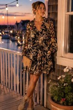 H&M Women's L Brown Dress Polyester Fit & Flare Floral Chiffon Ruffled Boho picture
