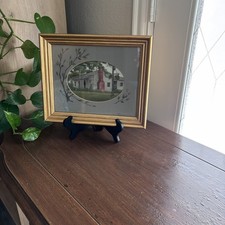 Framed original acrylic painting signed Sheri, oval matting old house gold frame picture