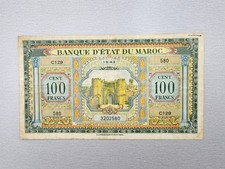 Morocco 100 Francs Banknote 1943 - Banque d'État du Maroc - C129 picture