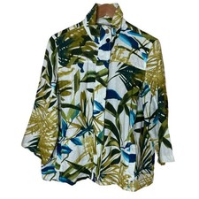 Chico’s Linen Jacket Size 2 L Tropical Palm Leaf Coastal Resort Button Front NWT picture