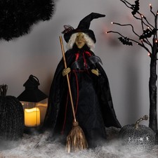 Dark Witch with Bat and Broom Halloween Figure - 18