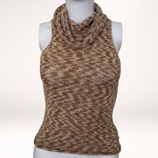 Vintage Y2K Arden B Cowl Neck Knit Top Sleeveless Brown Cream Fitted 2000s picture