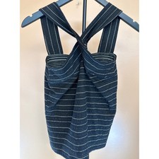 LOFT Black White Striped Metallic Knit Cross Back Tank Top Women Medium picture