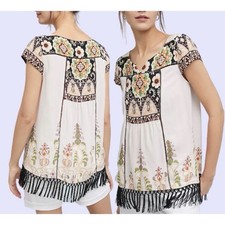Vanessa Virginia Anthropologie Floral Eyelet Fringe Blouse Top Sz S Small Boho picture