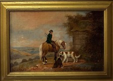 19thC School Antique Oil Painting Figure on Horseback with Two Dogs picture
