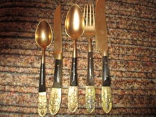 VTG  Siam Thailand Buddha Set 20 Dark Rose Wood&Brass Dining Flatwere picture