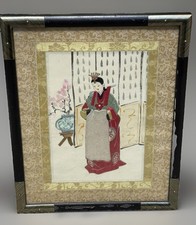 Vintage Japanese Silk Embroidery Court Lady Kimono Framed Textile Art picture