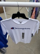 Champion Teens White Logo Graphic T-Shirt XL Regular Fit Crew Neck Short Sleeve picture
