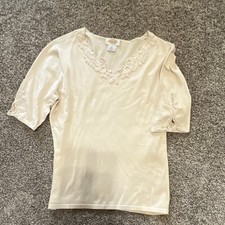Talbots Women's Ivory Silk Blend Satin V-Neck Embroidered SS Blouse S picture