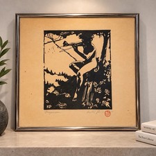 Antique Art Nouveau Nymph Woodcut Print Seated Pan Flute Signed KP Chop Mark picture