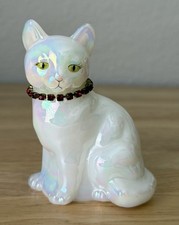 VTG Fenton White Iridescent Glass Cat Figurine Signed Ruby Rhinestone Collar picture
