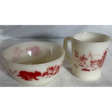 Vintage Fire-King Milk Glass Davy Crockett Bowl and Mug Set Red Graphics picture