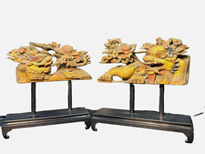 Pair Antique 19th Century Chinese Wood Carving Guardian Lions Foo Dogs W/ Stands picture