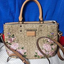 Calvin Klein Beige Monogram Floral Embroidered Zip Satchel w/ Detachable Strap picture