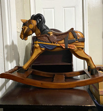 Vintage Wooden Rocking Horse Toy with Saddle w/ Eagle patriotic Saddle Carving picture