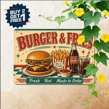 Burger & Fries Fast Food Retro Diner Decor Metal Tin Sign 8x12 picture