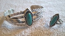 Antique Native American 925 Sterling Silver Turquoise Bracelet/Matching Ring Set picture