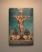 Large Antique Mexican Devotional Retablo Oil on Tin Crucified Christ 16x11 1890s picture