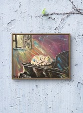 Shafer Original 12x16 Expressionist Colorful Cat On Piano Painting Signed Canvas picture