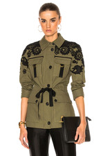 Veronica Beard Heritage Olive Utility Field Jacket W/ Black Lace Decals Size 8 picture