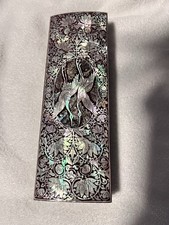 Vintage Korean Folding Fan Mother of Pearl Crane Inlay Lacquer Box Set picture