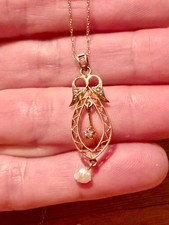 ANTIQUE ART DECO 14K 10K DIAMOND & PEARL LAVALIER NECKLACE picture