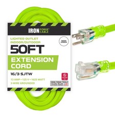 50 Ft Neon Green Extension Cord - 16/3 Lighted Outdoor High Visibility - 3 Prong picture