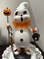 Ghoulish Halloween Ghost Figurine Vintage Style Clown Ruffle Pumpkin picture