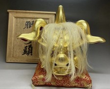 Japanese Inami Wood Carving Shishi Lion Head Gold Gilt 27.8cm w/ Wooden Box picture