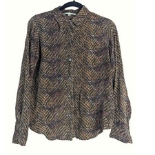 M Y2K Vtg  Max Studio Women Brown Abstract Dash Print 100% Silk Button Blouse picture