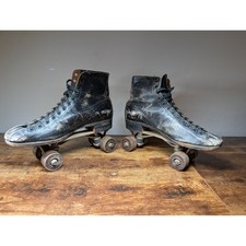 Vintage JC Higgins Sears Black Leather Roller Skates Quad High Top Distressed picture