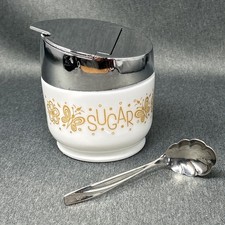 Vintage Gemco Butterfly Gold Milk Glass Sugar Bowl Flip Top Lid WM Rodgers Spoon picture