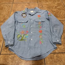 Vtg 70s Chambray Shirt Hand Embroidered Hippie Button Up Owls Jacket MW picture