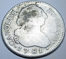 1781 Spanish Silver 2 Reales Genuine Antique US Colonial Two Bits Pirate Coin picture