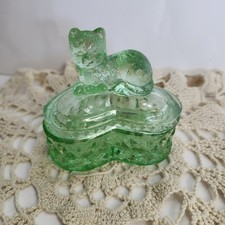 Rare Vtg Mosser Glass Trinket Box Cat Sitting on Diamond Pont Pattern Heart  picture