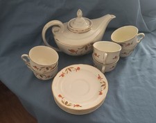 Vintage Hall's Autumn Leaf tea/coffee service 6 cups/saucers, pot, lid, strainer picture