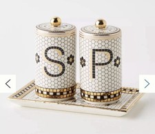 Anthropologie Bistro Tile Stoneware Salt Pepper Shaker Set 3 Pcs Mosaic New picture
