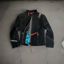 Vintage SFR Santa Fe Recreations Black Suede Multi Color Patch Zip Jacket M picture