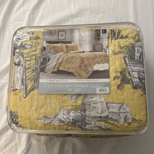 Lush Decor French Country Toile King Quilt Set 3pc Reversible Cotton Yellow/Gray picture