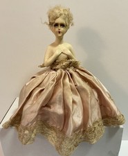 ANTIQUE GERMAN PIN CUSHION BOUDOIR HALF DOLL BLONDE MOHAIR ART DECO 10” picture